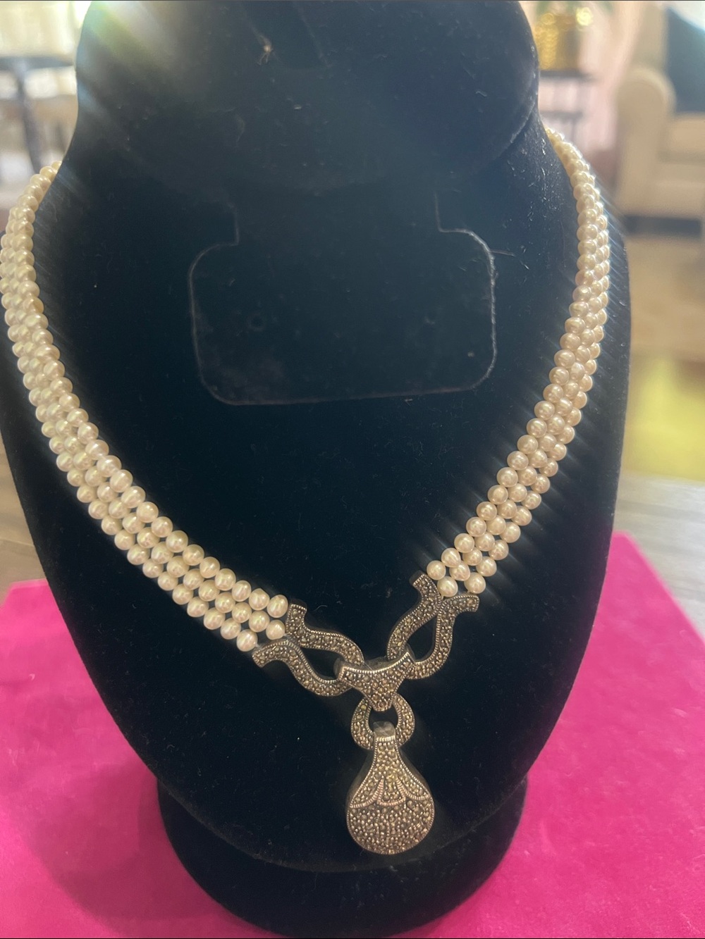 925 Sterling and Multi-Strand Pearl Necklace with marcasite pendant